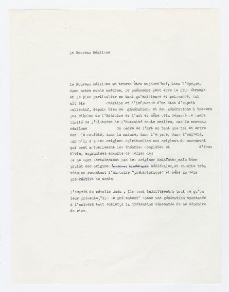 Yves Klein, "Le Nouveau Réalisme", Note sur l'origine du mouvement des Nouveaux Réalistes