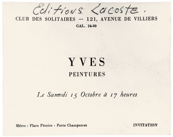Invitation card for the exhibition "Yves peintures" at Club des Solitaires at Editions Lacoste, Paris