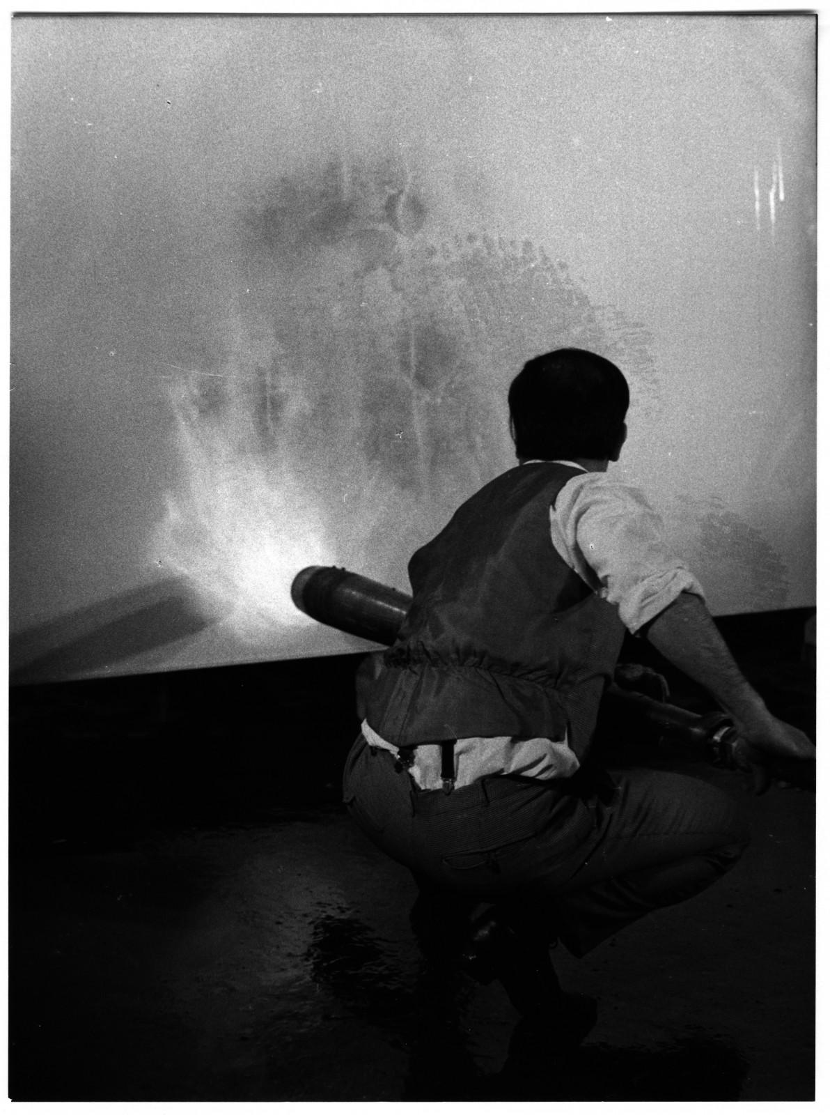 Yves Klein realizing a Colored Fire Painting (FC 1)