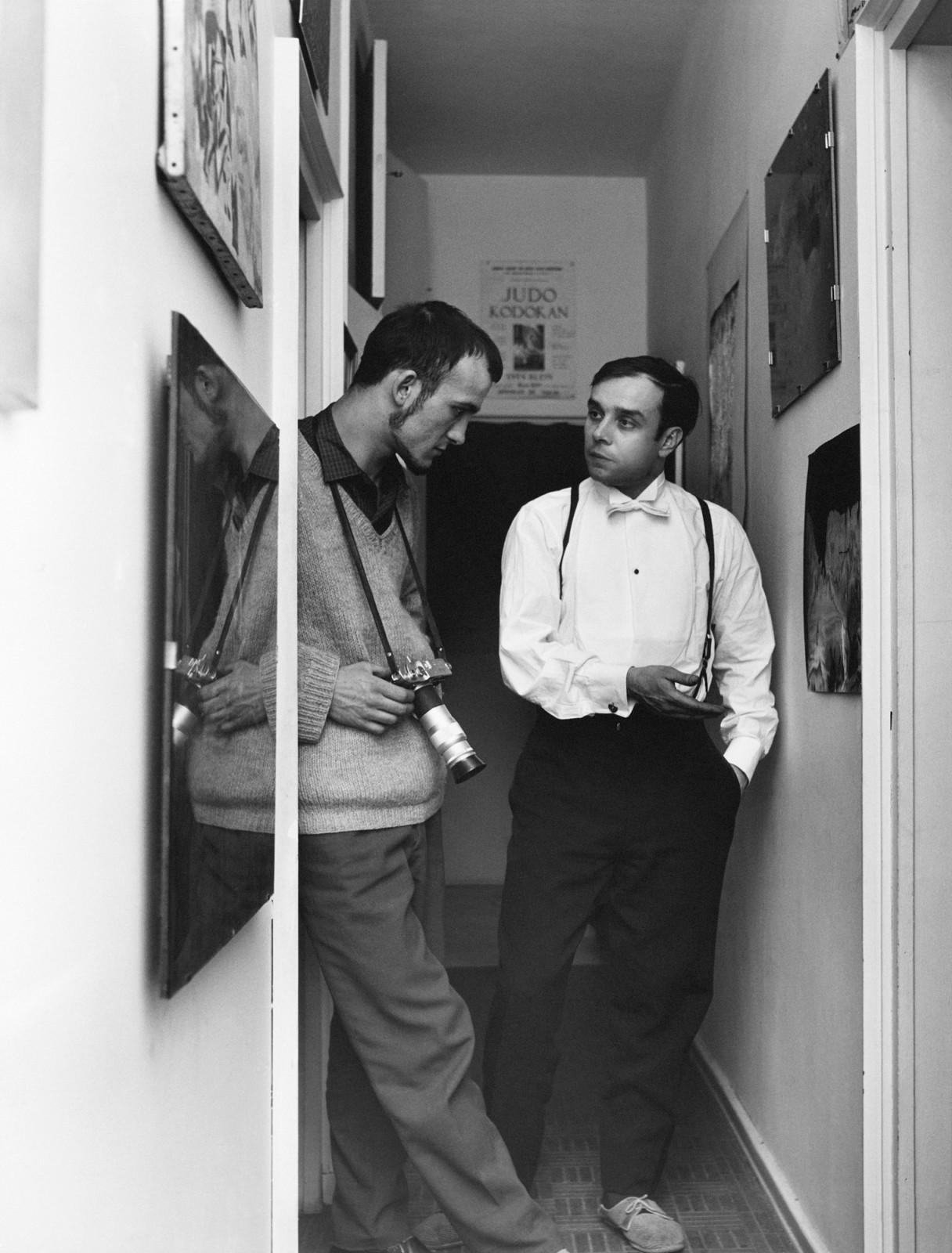 Yves Klein and Janos Kender in Yves Klein's studio