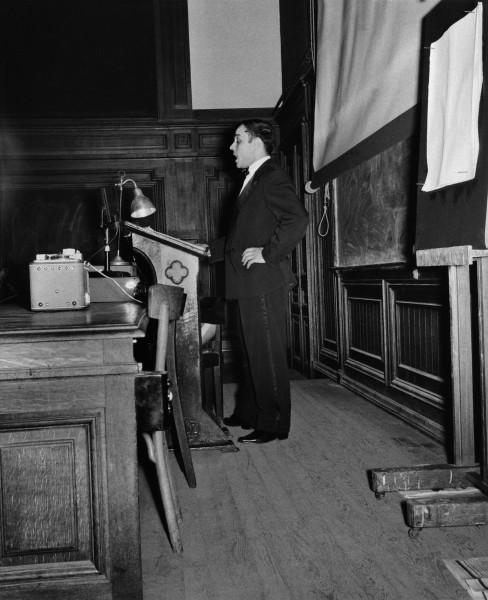 Yves Klein during his lecture at the Sorbonne