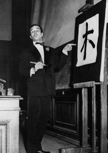 Yves Klein during his lecture at the Sorbonne