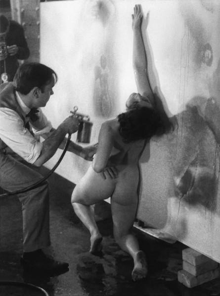 Yves Klein realizing a Fire Painting (F 88)