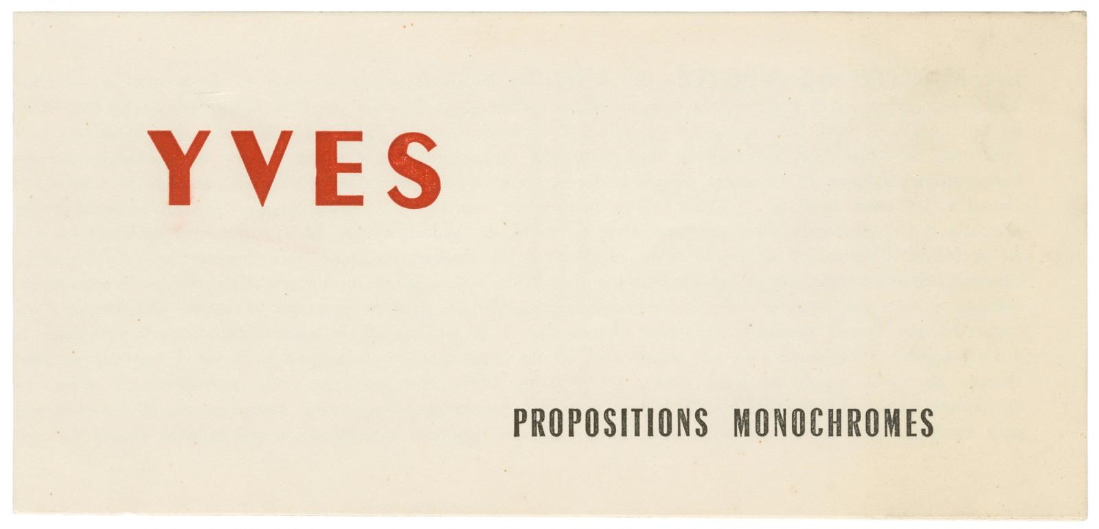 Carton d'invitation à l'exposition "Yves Propositions monochromes" à la galerie Colette Allendy
