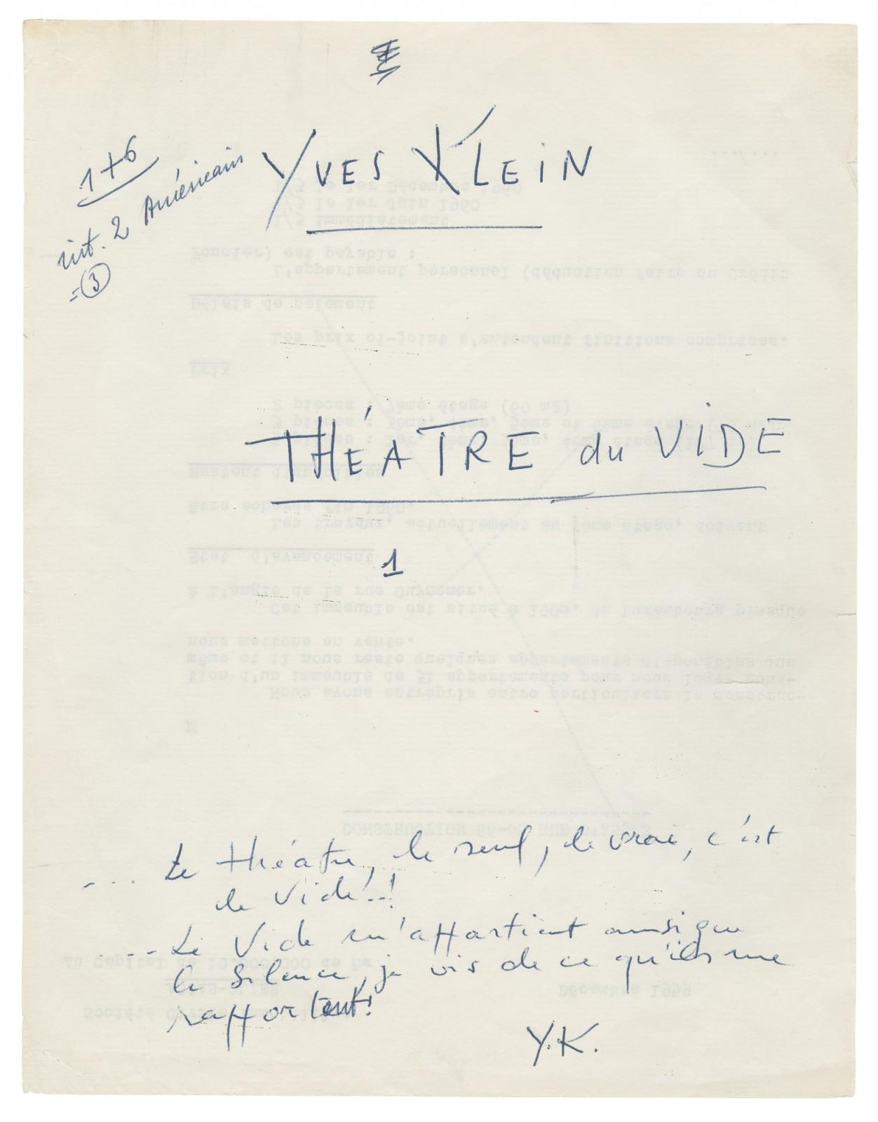Yves Klein, Note sur le Théâtre du Vide