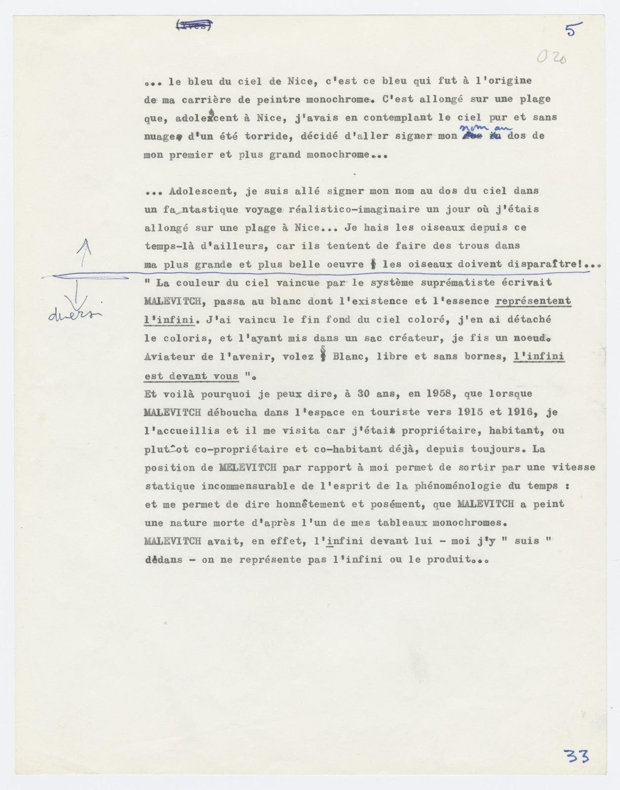 Yves Klein, Note about the differences between Malevitch's work and his