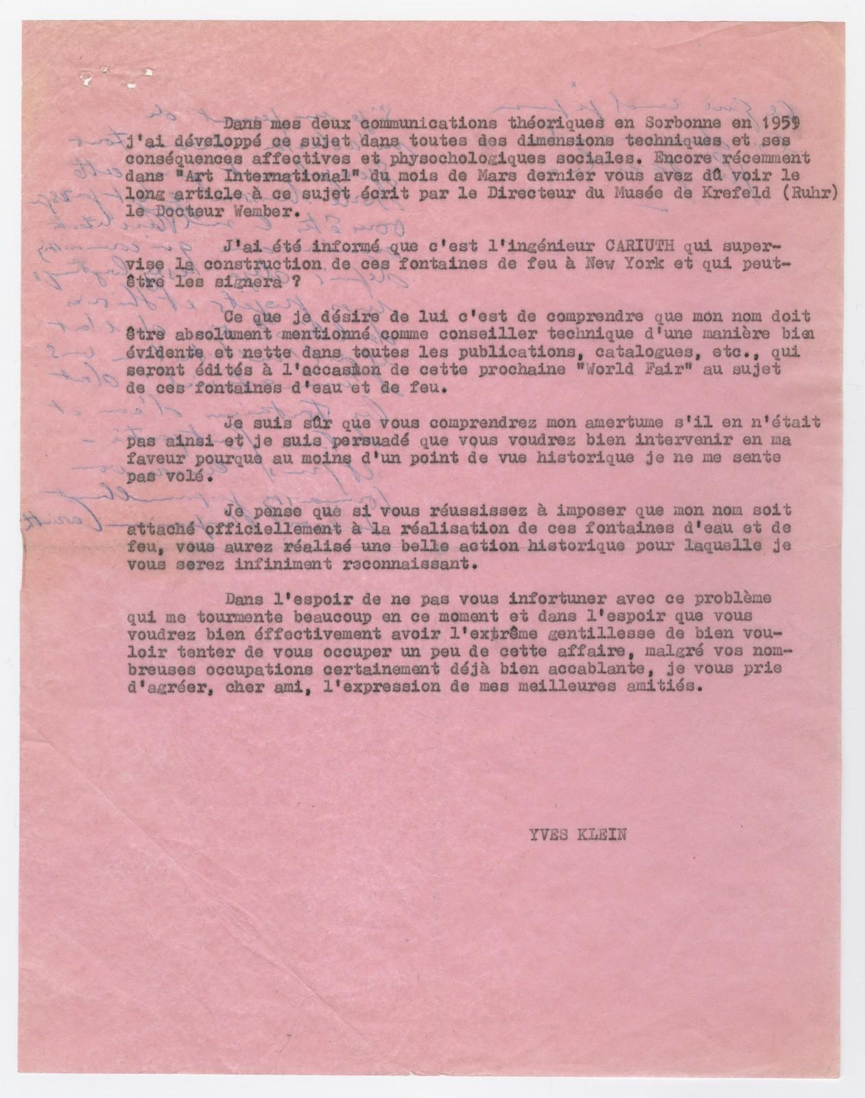 Documents Letter From Yves Klein To Philip Johnson Yves Klein