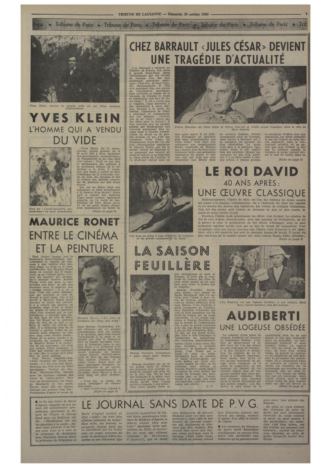 Pierre Descargues, "Klein, l'homme qui a vendu le vide", la Tribune de Lausanne