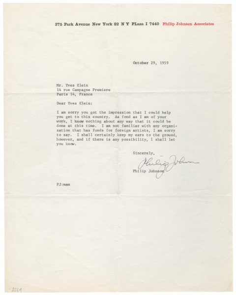 Lettre de Philip Johnson à Yves Klein