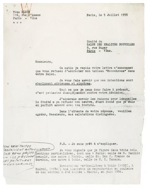 Yves Klein, lettre adressée au Comité du Salon des Réalités Nouvelles