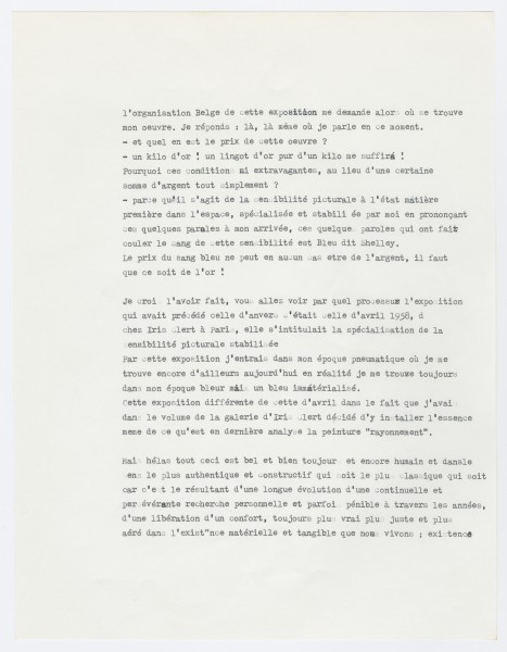 Yves Klein, texte écrit après l'exposition Motion in Vision / Vision in Motion à Hessenhuis
