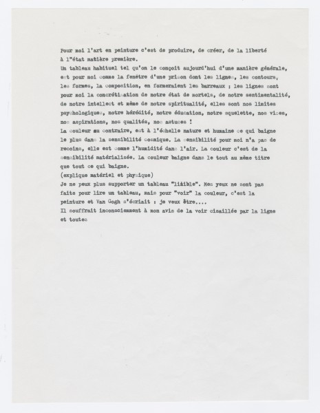 Yves Klein, "Pour moi l'art en peinture...", texte sur la ligne et la couleur