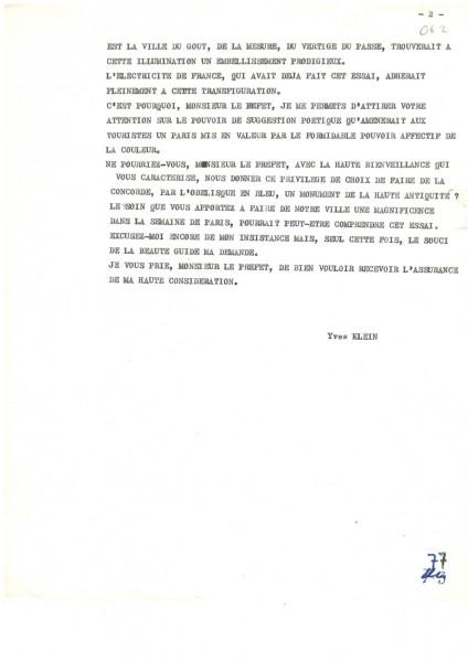 Lettre d'Yves Klein au Préfet de la Seine