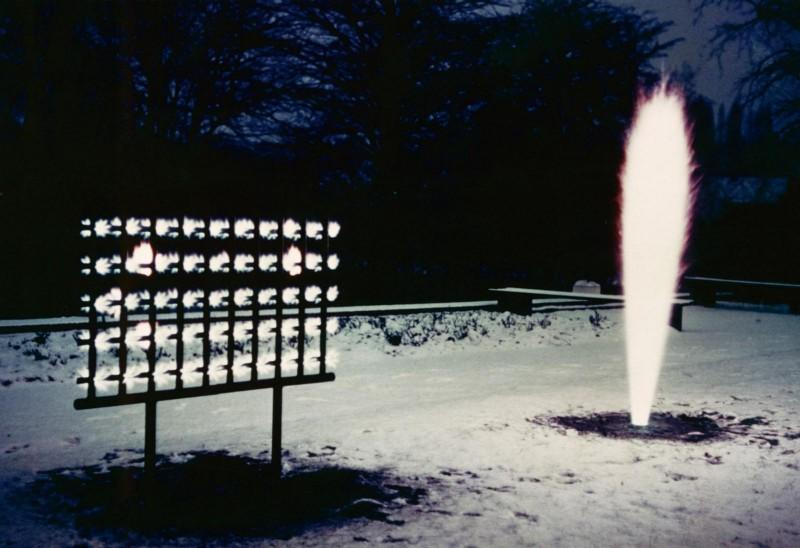 "Wall of Fire" and "Column of Fire" during the exhibition "Yves Klein Monochrome und Feuer", Museum Haus Lange, Krefeld, Germany