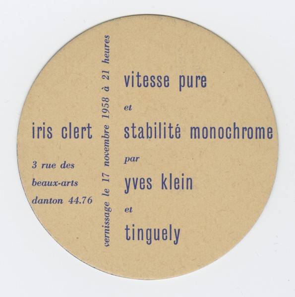 Carton d'invitation de l'exposition "Vitesse pure et stabilité monochrome" à la galerie Iris Clert