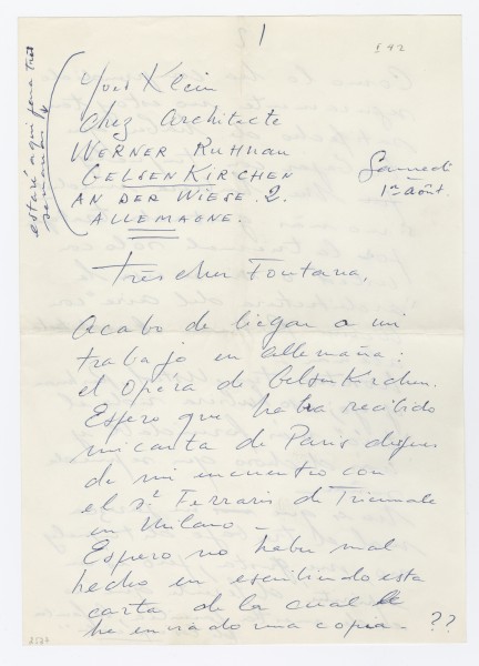 Lettre d'Yves Klein à Lucio Fontana