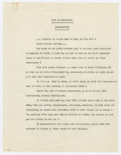 Yves Klein, "Yves le monochrome, Naturemétrie"