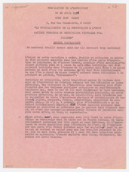 Yves Klein, Récit du vernissage de l'exposition "Epoque pneumatique, la sensibilité picturale immatérielle à l'état matière première" à la Galerie Iris Clert