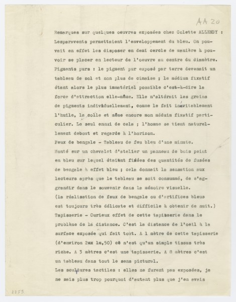 Yves Klein, Notes on certain works exhibited at the Collette Allendy Gallery