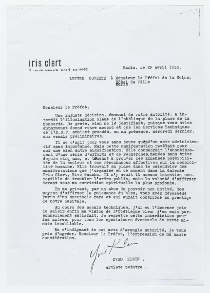 Lettre d'Yves Klein au Préfet de la Seine (illumination Obélisque)