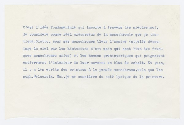 Yves Klein, "C'est l'idée fondamentale...", Note sur les peintres à la pensée monochrome