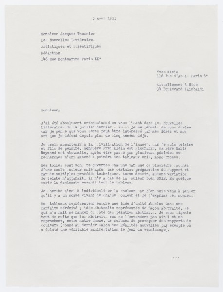 Lettre d'Yves Klein à Jacques Tournier, auteur à l'hebdomadaire "Les Nouvelles littéraires, artistiques et scientifiques"