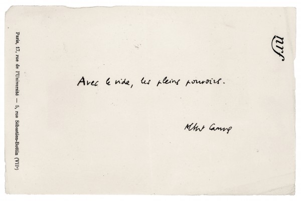 Albert Camus, Note rédigée à la suite du vernissage de l'exposition dite du "Vide"