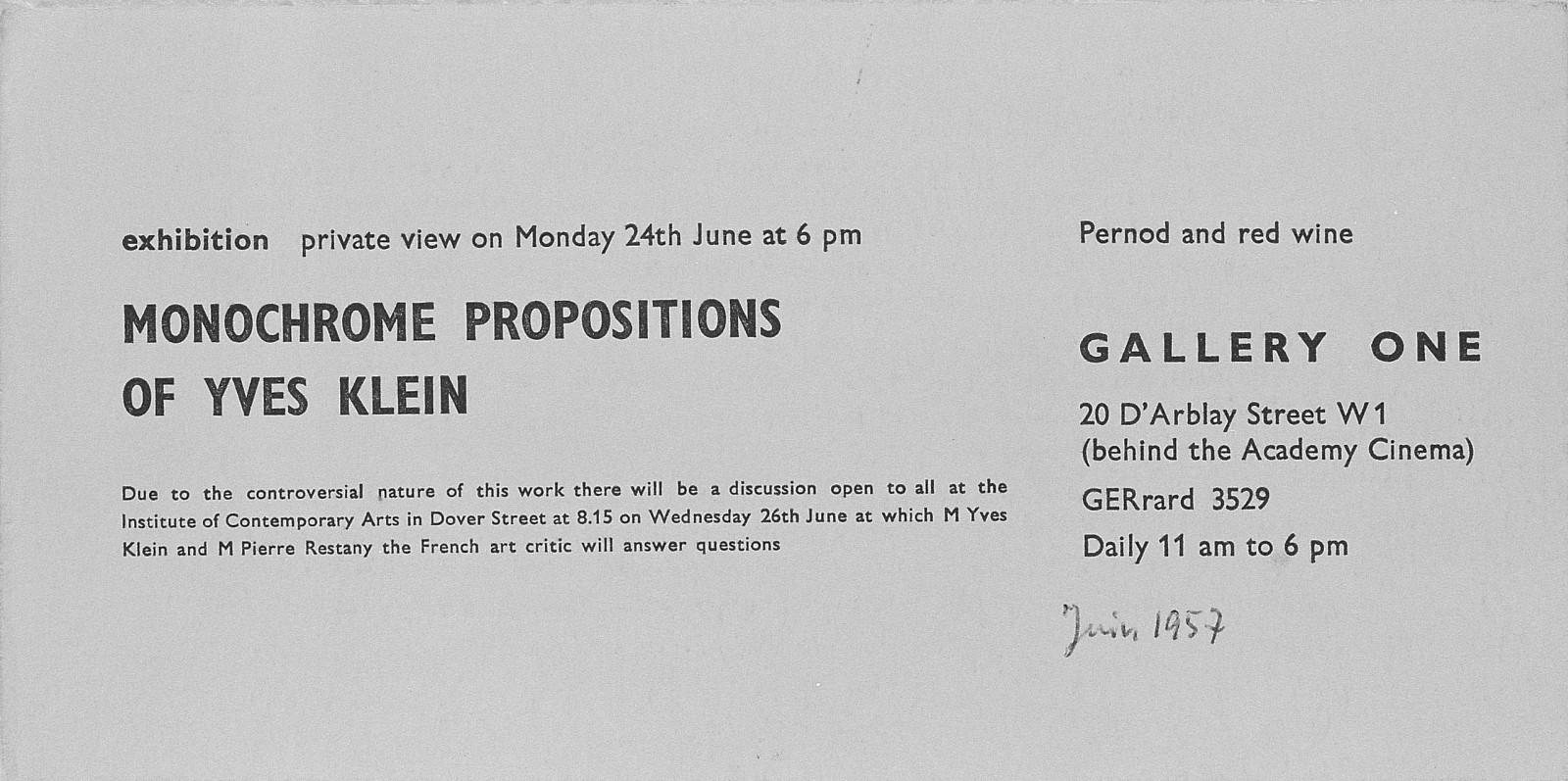 Invitation card for the exhibition "Monochrome Propositions of Yves Klein », Gallery One, London, 1957