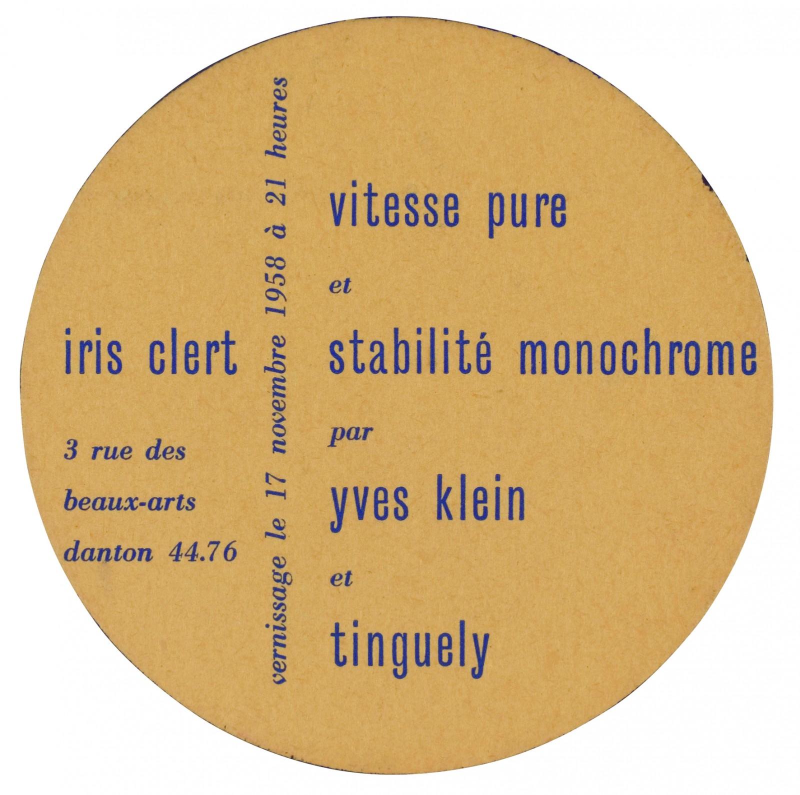 Invitation card of the exhibition "Vitesse pure et stabilité monochrome par Yves Klein et Tinguely", Iris Clert Gallery, Paris, 1959