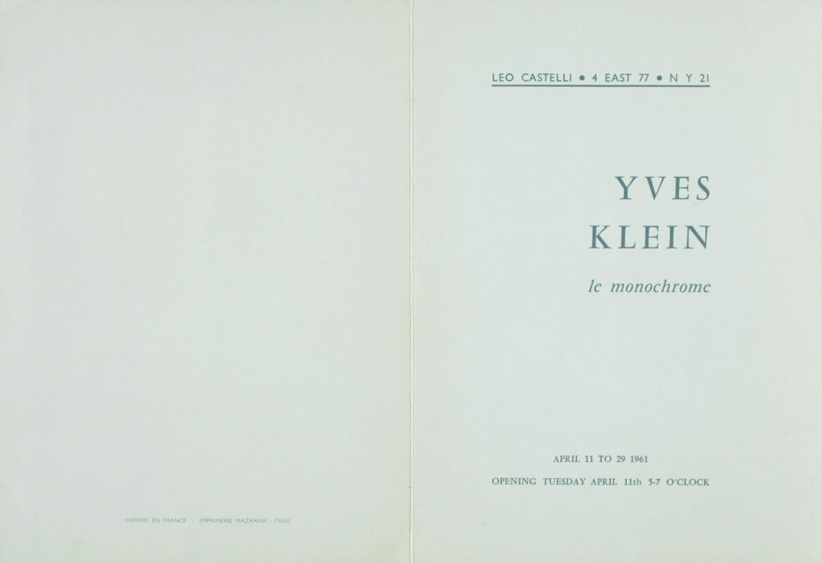 Catalogue de l'exposition "Yves Klein le monochrome", Galerie Leo Castelli, New York, 1961