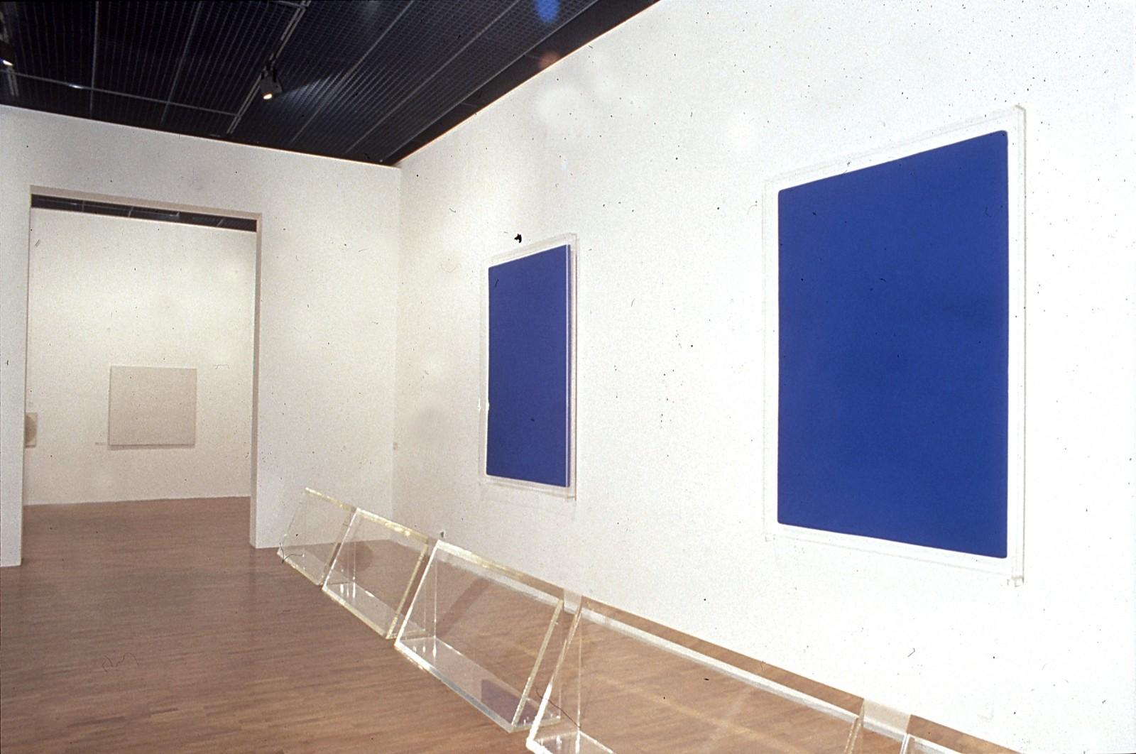 Vue de l'exposition "La Couleur seule : l'expérience du monochrome", Musée Saint-Pierre art contemporain, 1988 ( IKB sn 24, IKB 69)