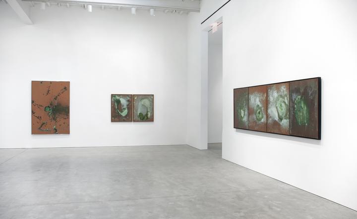 View of the exhibition "Yves Klein and Andy Warhol : Fire Paintings and Oxidation Painting", Skarstedt Gallery, 2014