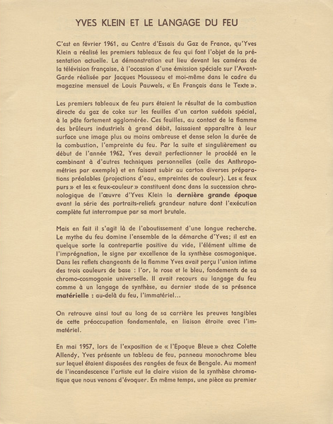 Texte de l'exposition "Yves Klein Le Monochrome, Peintures de feu", Galerie Tarica, 1963