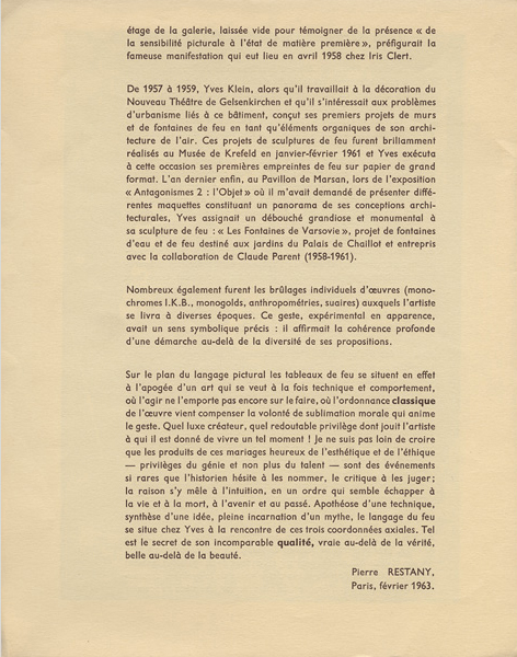 Text of the exhibition "Yves Klein Le Monochrome Peintures de feu", Galerie Tarica, 1963
