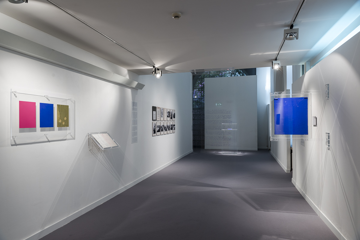View of the exhibition, "Spazi dellAnima: Yves Klein e la devozione a Santa Rita da Cascia", Musée Carlo Bilotti, Orangerie de la Villa Borghes, 2015