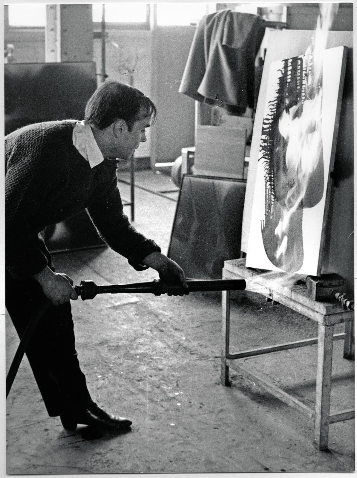 Yves Klein realizing a Colored Fire Painting (FC 30)