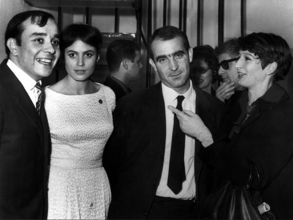 Yves Klein, Rotraut, Jean Tinguely and Eva Aeppli during the opening of the exhibition “Yves Klein le Monochrome” at the Galerie Rive Droite