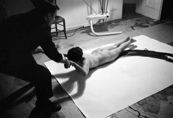 Yves Klein realizing an Anthropometry with Elena in his studio (ANT 111)