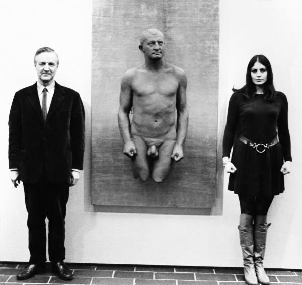 Rotraut in front of the Relief Portrait of Arman (PR 1) during the exhibition "Yves Klein", Louisiana Museum