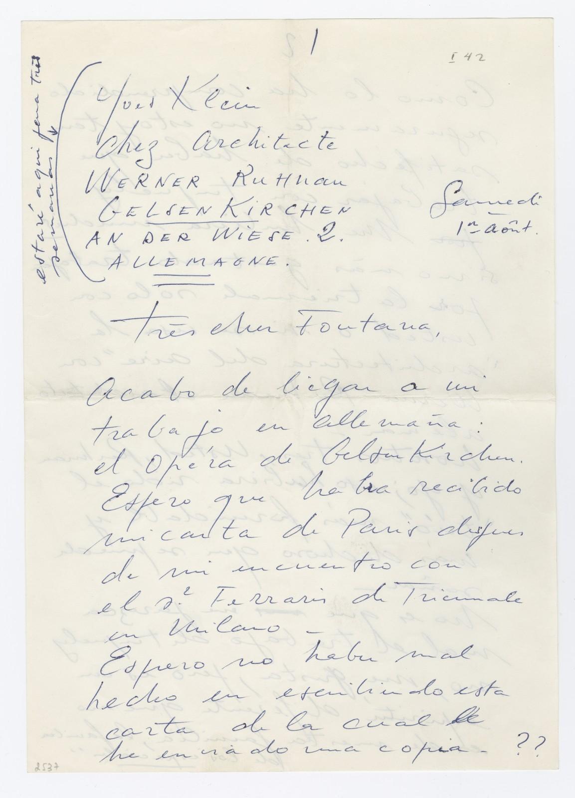 Letter from Yves Klein to Lucio Fontana