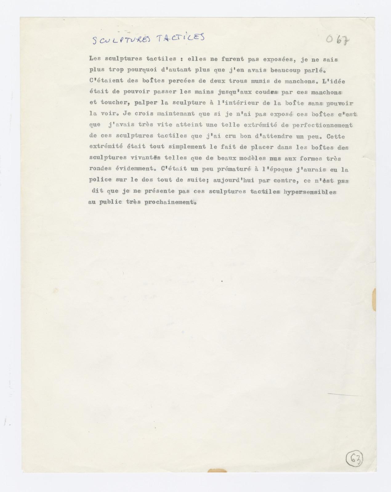Yves Klein, Note on the Tactile Sculptures