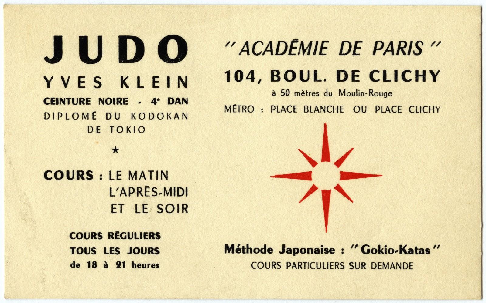 Yves Klein’s Judo Teacher Card, Paris Academy, 104 Boulevard de Clichy, Paris