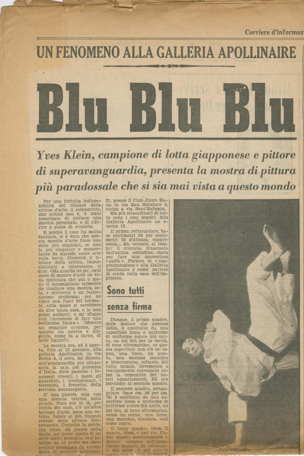 "Blu Blu Blu, Un fenomeno alla Galleria Apollinaire", article by Dino Buzzati