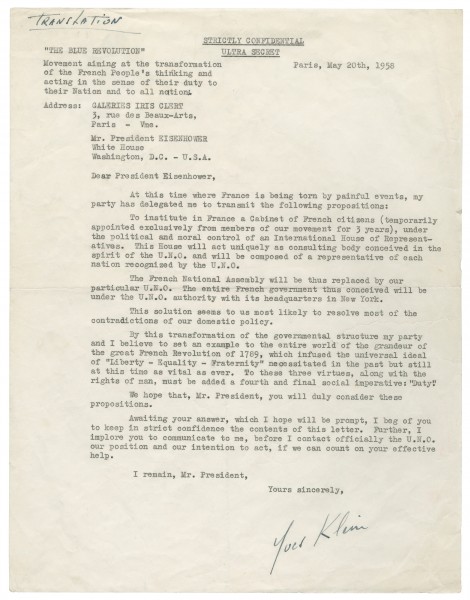 Lettre au Président Eisenhower 'The blue revolution'