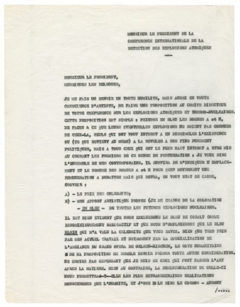 Lettre d'Yves Klein au Président de la Confédération Internationale des explosions atomiques