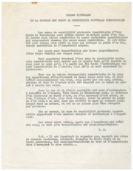 Yves Klein, "Règles rituelles de la cession des zones de sensibilité picturale immatérielle"