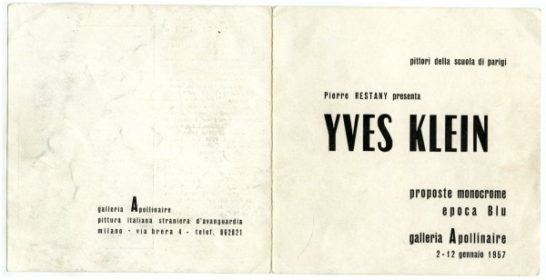Invitation card of the exhibition, "Yves Klein : Proposte monocrome, epoca blu", Galleria Apollinaire, 1957