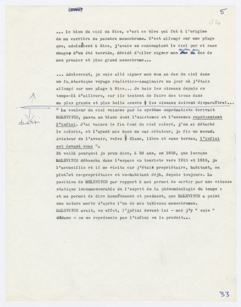 Yves Klein, Note about the differences between Malevitch's work and his