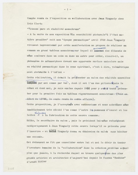 Yves Klein, Compte-rendu de l'exposition "Vitesse pure et stabilité monochrome" chez Iris Clert, en collaboration avec Jean Tinguely