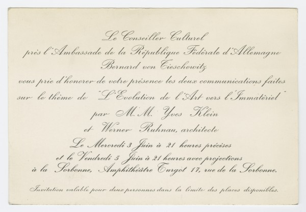 Carton d'invitation : "L'évolution de l'art vers l'immatériel" (Sorbonne)